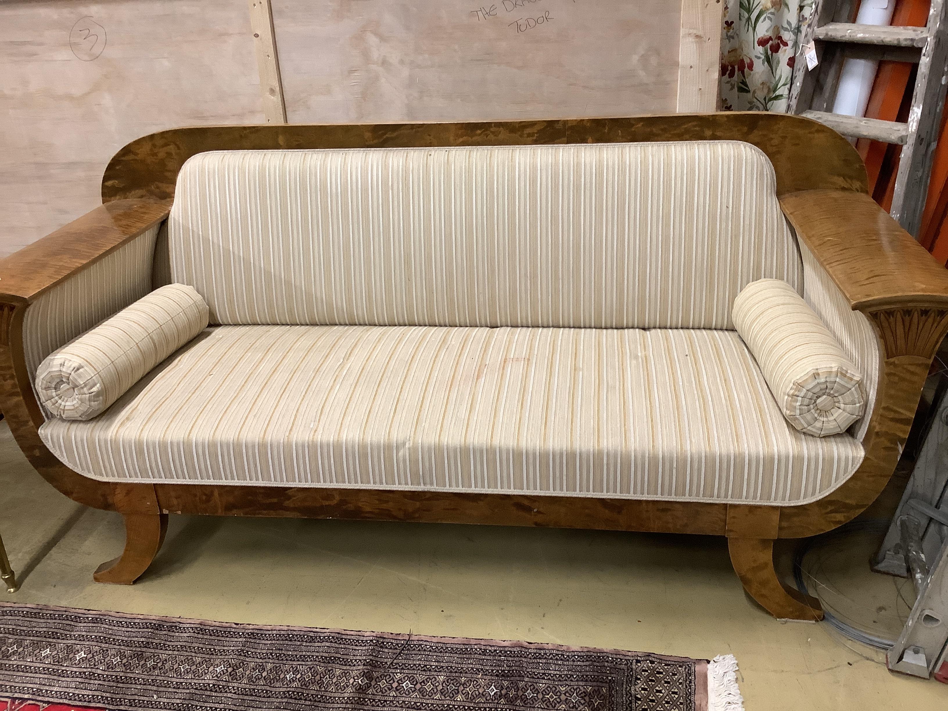 A Biedermeier style inlaid maple settee, width 202cm, depth 73cm, height 93cm